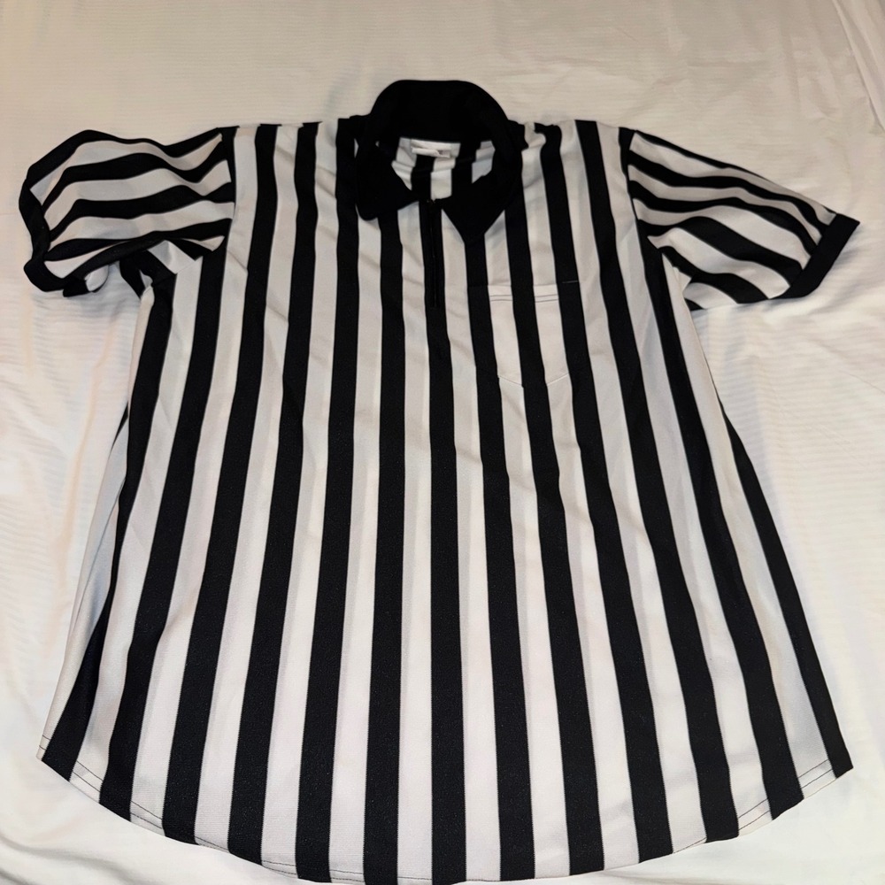 Teamwork Referee Shirt Mens 2XL Black White Excellent Striped Quarter Zip Mesh